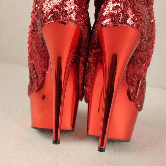 Pleaser Red Sequin Platform Ankle Boots Peep Toe Stiletto Heel Womens Size 8 - Picture 4 of 10